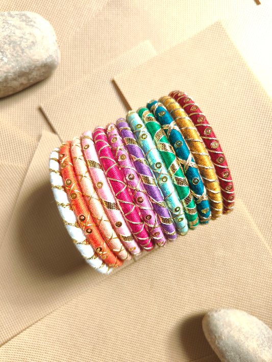 Zari Dori Bangles – 12-Piece Rainbow Elegance